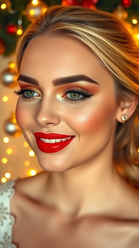 A model with festive holiday makeup, featuring gold eyeshadow and red lips, surrounded by holiday decorations.